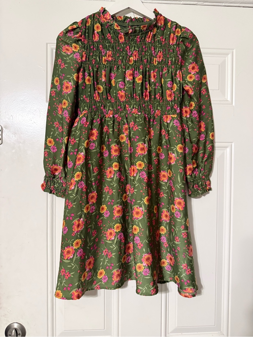 ZAD Olive Floral Smocked Dress with Orange and Pink Flowers